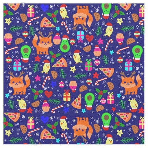 christmas pizza chick bird avocado blue fabric