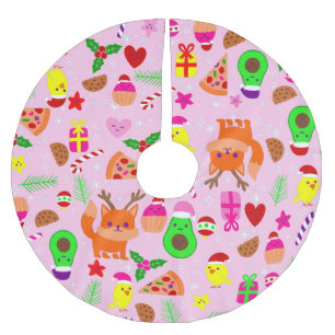 christmas pizza chick bird avocado pink brushed polyester tree skirt