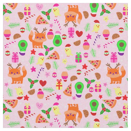 christmas pizza chick bird avocado pink fabric
