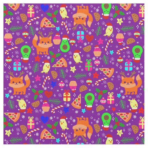 christmas pizza chick bird avocado purple  fabric
