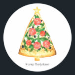 Christmas Pizza Slice Classic Round Sticker<br><div class="desc">Illustration of a Christmas tree shaped pizza slice decorated with greens,  olives,  and tomato slices and topped with a star.</div>
