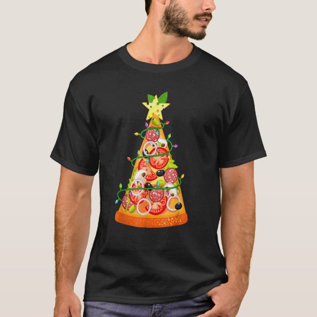 Christmas Pizza Tree Pizza Slice Lights Xmas Famil T-Shirt (Front)