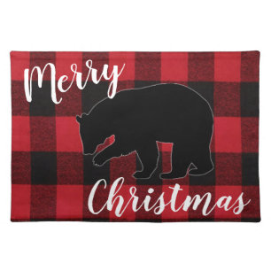 Christmas Placemat Red Plaid Black Bear