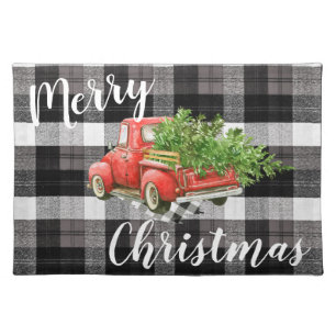 Christmas Placemat Red XMAS Truck Plaid Bl