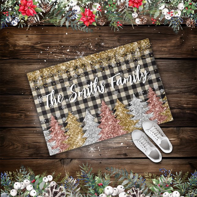 Christmas Plaid And Glitter Family Name Doormat (Creator Uploaded)