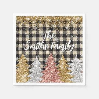 Christmas Plaid And Glitter Family Name Napkins