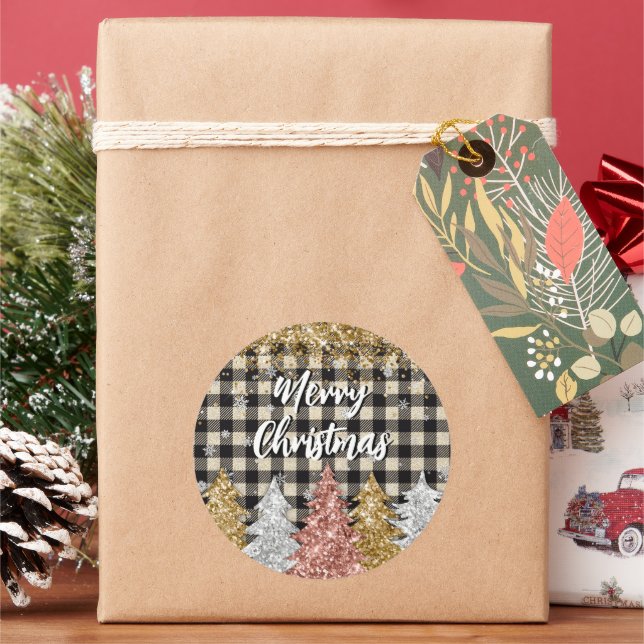 Christmas Plaid And Glitter Merry Christmas Classic Round Sticker (Holiday)