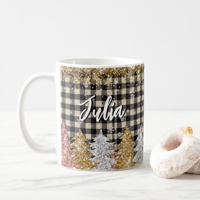 Christmas Plaid And Glitter With Name Coffee Mug (With Donut)