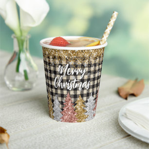 Christmas Plaid And Glitter With Text Paper Cups