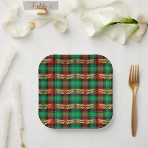 Christmas Plaid And Leaves Paper Plates