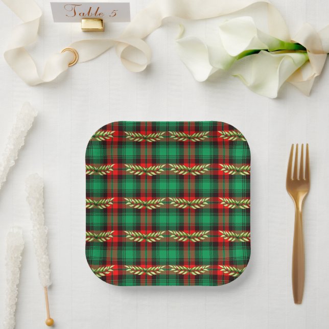 Christmas Plaid And Leaves Paper Plates (Wedding)
