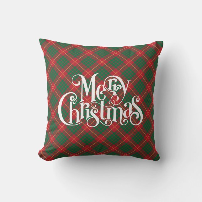 Christmas plaid and Merry Christmas typography Throw Pillow (Front)