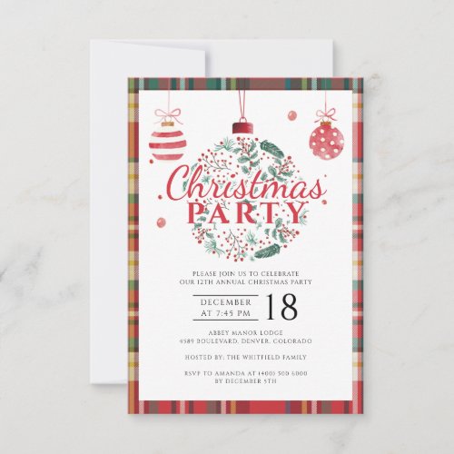 Christmas Plaid Baubles Script Festive Party Invitation