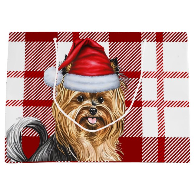 Christmas Plaid Biewer Terrier Dog Lover Holiday Large Gift Bag (Front)