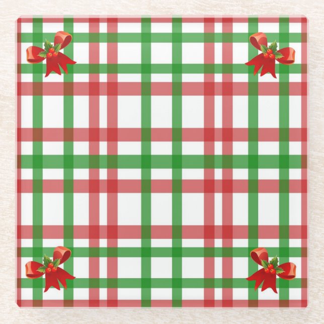 Christmas Plaid Bow Accent Country Glass Coaster (Front)