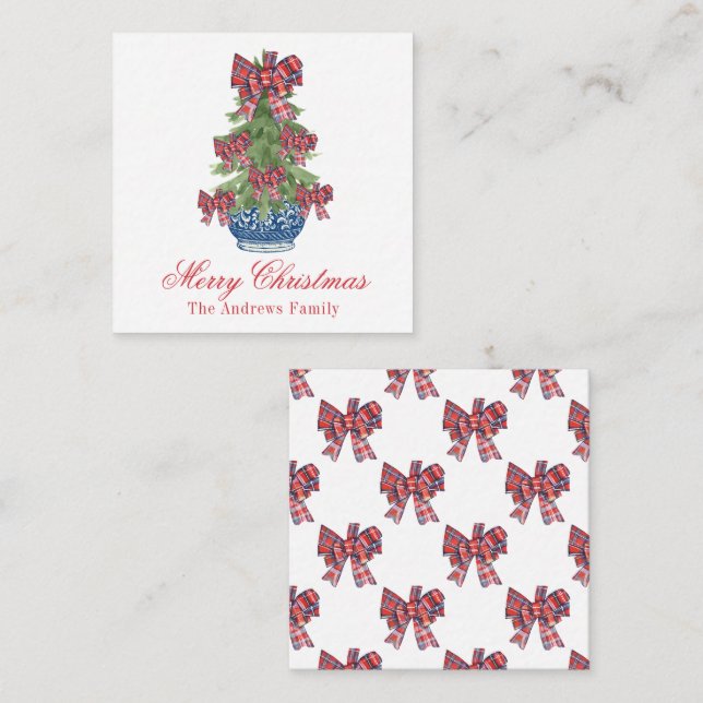 Christmas Plaid Bow Chinoiserie Topiary Tree Note Card (Front/Back)