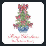Christmas Plaid Bow Chinoiserie Topiary Tree Square Sticker<br><div class="desc">PreppyPrint.com - Celebrate Christmas in style! Add your personalized touch. Transfer this design onto the products of your choice too! Please visit my designer store,  PreppyPrint.com,  for coordinating items.</div>