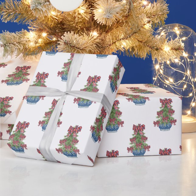 Christmas Plaid Bow Chinoiserie Topiary Tree Wrapping Paper (Holidays)