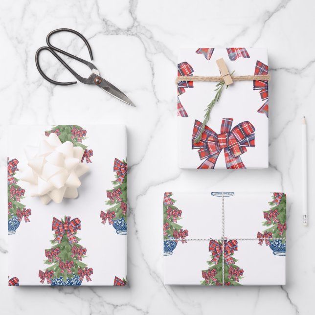 Christmas Plaid Bow Chinoiserie Topiary Tree Wrapping Paper Sheets (Front)