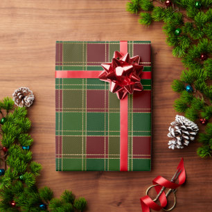 Christmas plaid burgundy green gold elegant wrapping paper