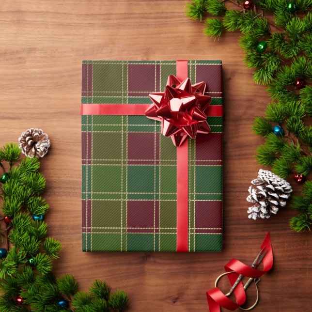 Christmas plaid burgundy green gold elegant wrapping paper (Holiday Gift)