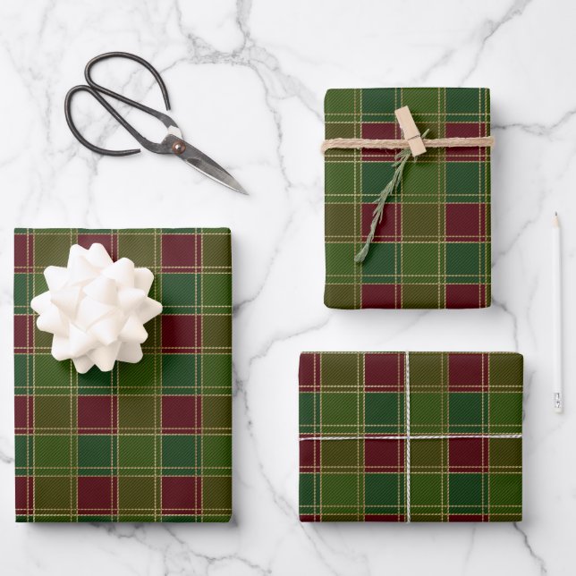 Christmas plaid burgundy green gold elegant wrapping paper sheets (Front)