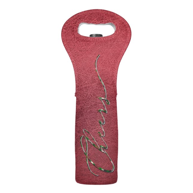 Christmas Plaid CHEERS Script on Red Faux Leather Wine Bag (Front)