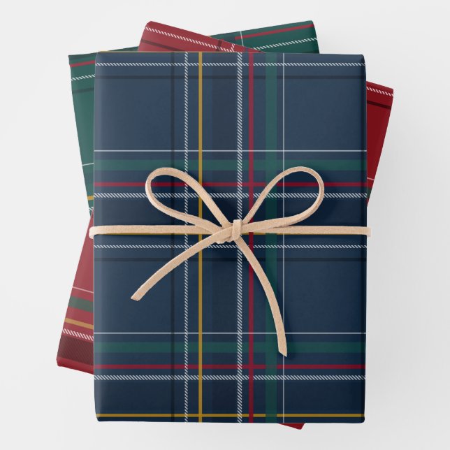 Christmas plaid coordinating red navy green wrapping paper sheets (In situ)