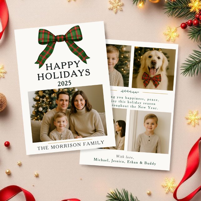 Christmas Plaid Coquette 5 Photo Holiday Flat Card (Creator Uploaded)