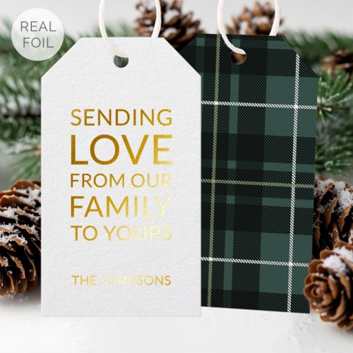 Christmas Plaid Custom Family Name Dark Green Gold Foil Gift Tags