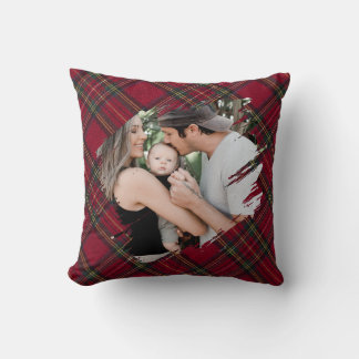 Christmas plaid Custom family photo Throw Pillow