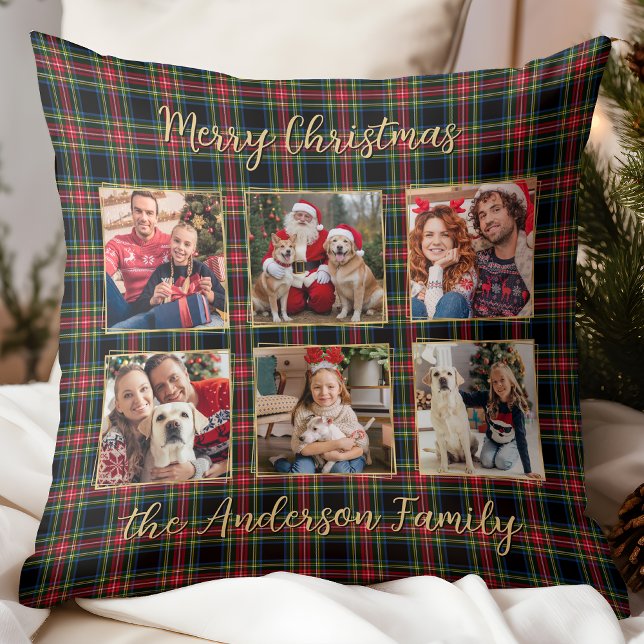 Christmas Plaid Custom Gold 6 Photo Collage Family Throw Pillow (Creator Uploaded)