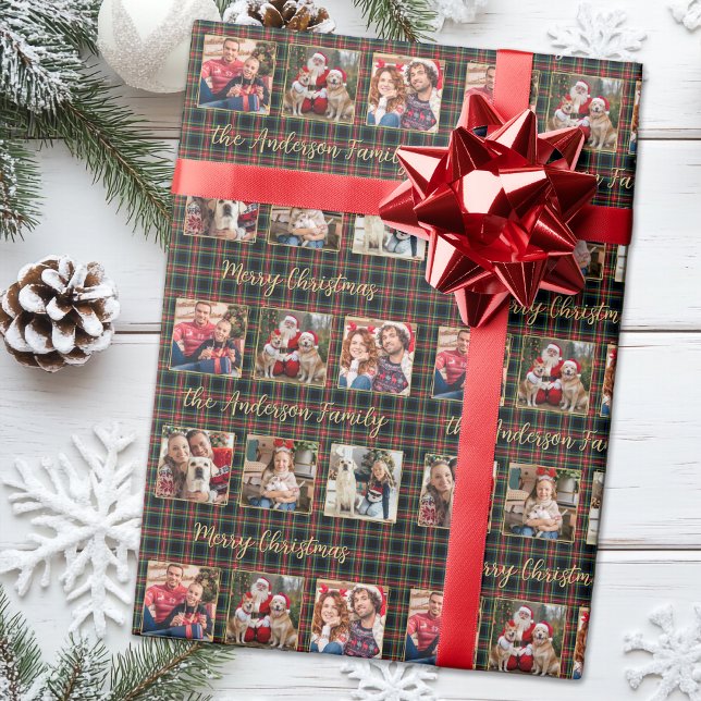 Christmas Plaid Custom Gold Family 6 Photo Collage Wrapping Paper (Creator Uploaded)