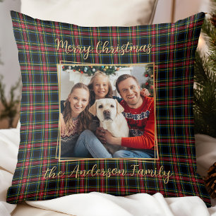 Christmas Plaid Custom Gold Modern Photo Family Throw Pillow