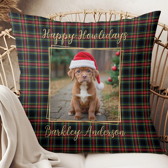 Christmas Plaid Custom Gold Modern Photo Pet Dog  Throw Pillow (Creator Uploaded)