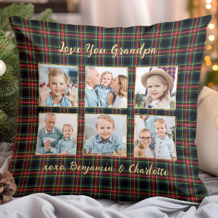 Christmas Plaid Custom Gold Photo Collage Grandpa Throw Pillow