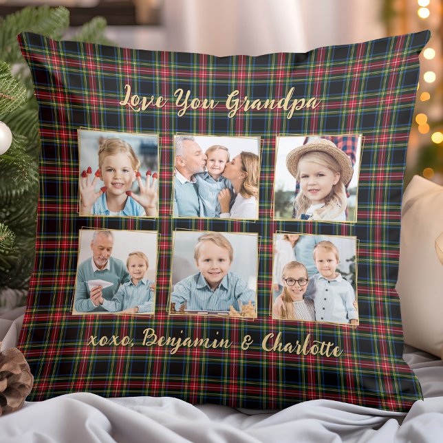 Christmas Plaid Custom Gold Photo Collage Grandpa Throw Pillow (Creator Uploaded)