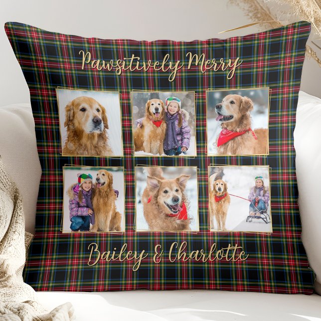 Christmas Plaid Custom Gold Photo Collage Pet Dog Throw Pillow (Creator Uploaded)