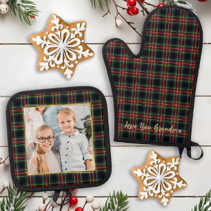 Christmas Plaid Custom Gold Photo Grandma Family Oven Mitt & Pot Holder Set