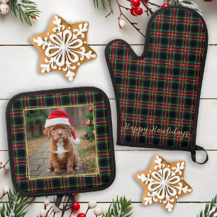 Christmas Plaid Custom Gold Photo Pet Dog Family Oven Mitt & Pot Holder Set