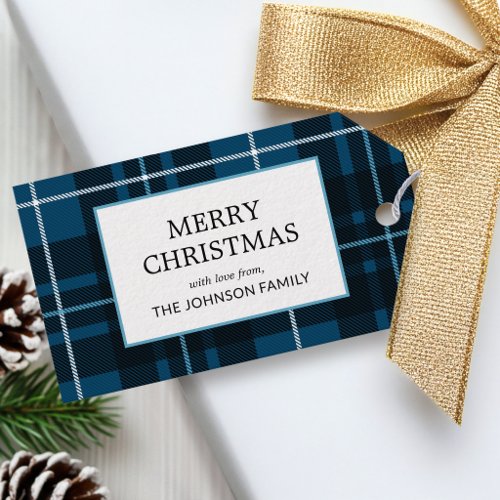 Christmas Plaid Custom Name Dark Blue Tartan Gift Tags