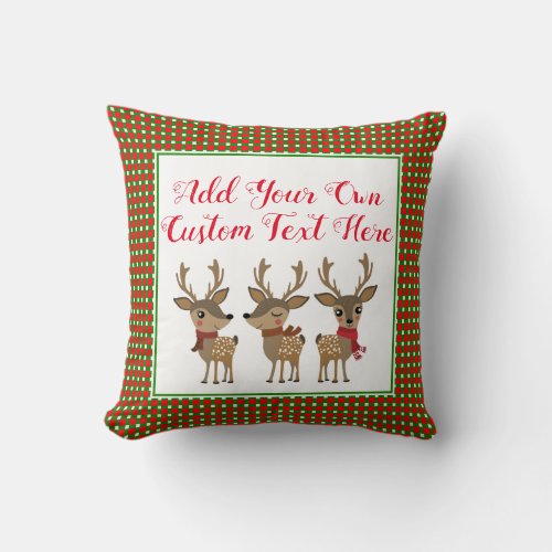 Christmas Plaid Custom Text Reindeer Red Green Throw Pillow