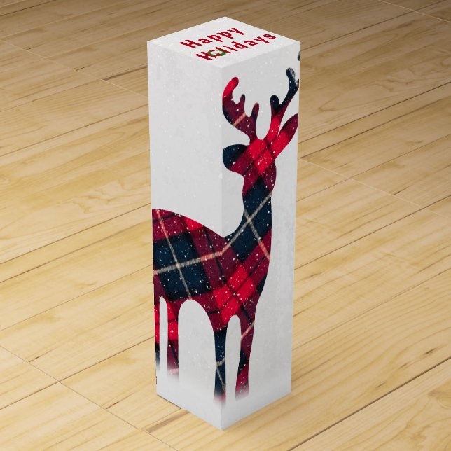 Christmas Plaid Deer In Snowflakes Wine Box (Front)