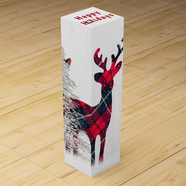 Christmas Plaid Deer In Snowflakes Wine Box (Front)