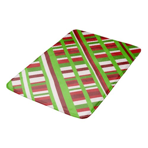 Christmas Plaid Diagonal in Red Green and White Bath Mat