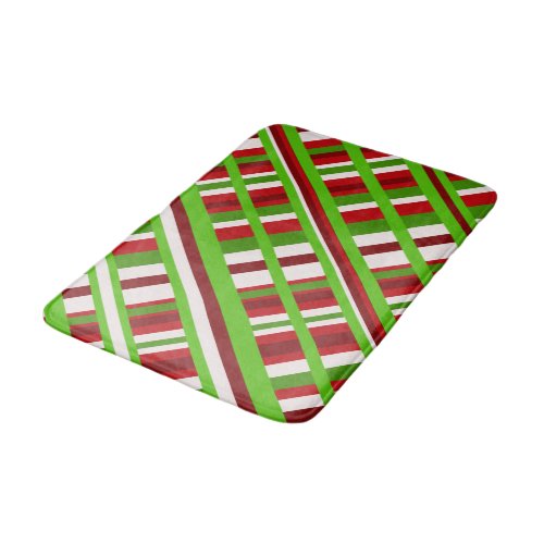 Christmas Plaid Diagonal in Red Green and White Bath Mat