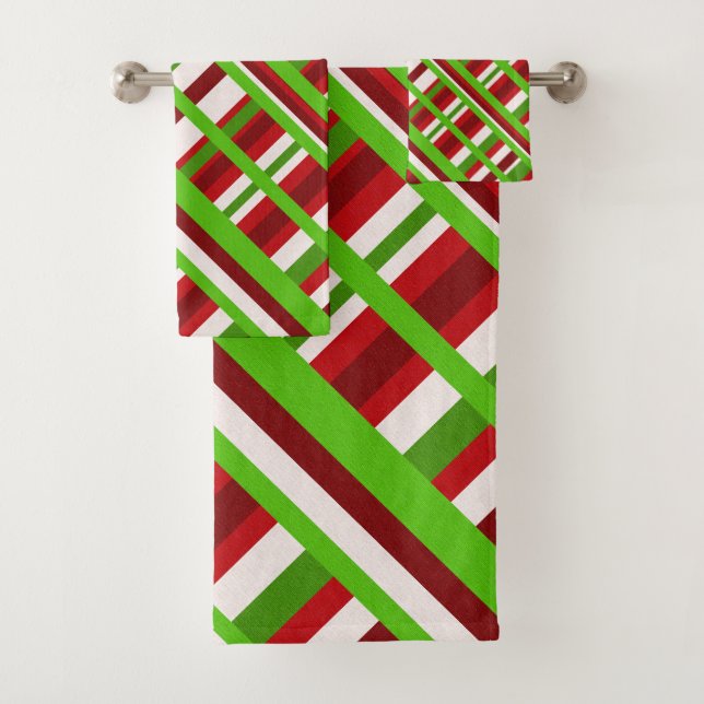 Christmas Plaid Diagonal in Red, Green and White Bath Towel Set (Insitu)