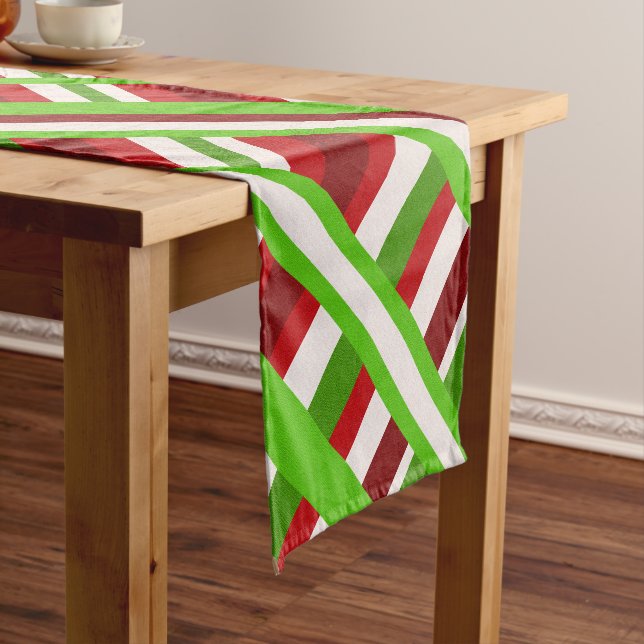 Christmas Plaid Diagonal in Red, Green and White Short Table Runner (In Situ)