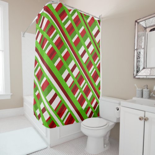 Christmas Plaid Diagonal in Red Green and White Shower Curtain