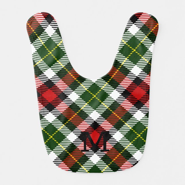Christmas Plaid Family Monogram INITIAL Festive Baby Bib (Front)